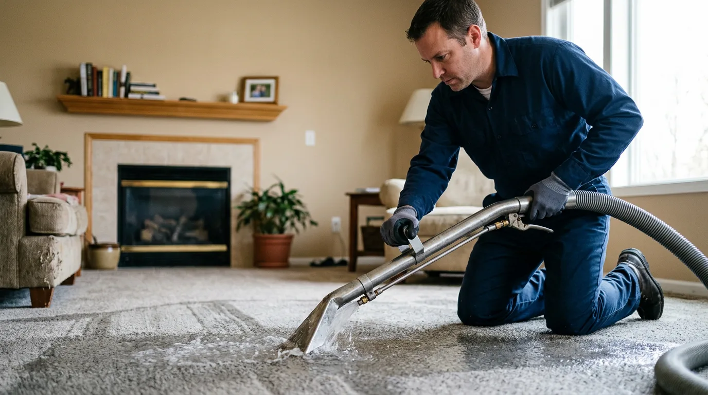 Water damage restoration technician working in a home in New Hampshire